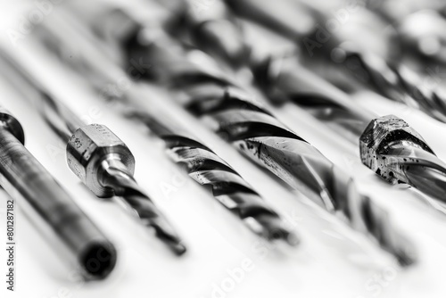 A collection of various drill bits meticulously arranged on a pristine white surface, showcasing the intricate craftsmanship needed for home renovation projects.