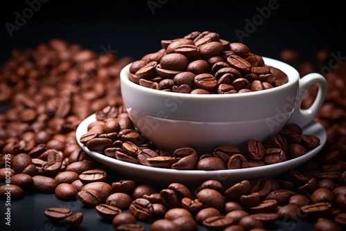 Close-up image of roasted coffee beans spilling from a white cup