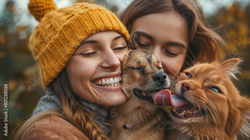 Craft an image depicting pets sharing a joke with their owners
