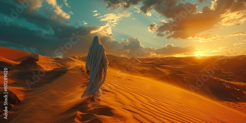 A person walking alone in a vast desert