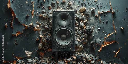Black speaker with sound waves breaking through a concrete wall