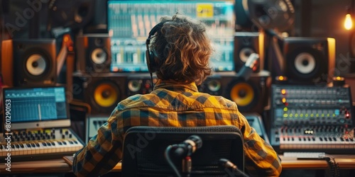 Male audio engineer working at mixing console in sound recording studio
