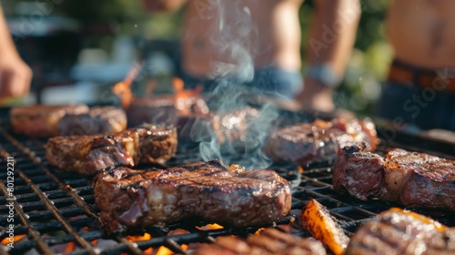 A steak enthusiast grilling steaks on a backyard barbecue, surrounded by friends and family eager to taste the mouthwatering results.