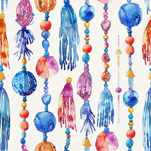 Beaded necklaces and tassel charms, decorative boho watercolor, seamless pattern, vibrant beads and soft threads, festive adornments. Seamless Pattern, Fabric Pattern, Tumbler Wrap, Mug Wrap.