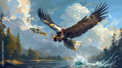 Bald Eagle swooping in to catch a fish off the surface of the water. AI generative illustrations