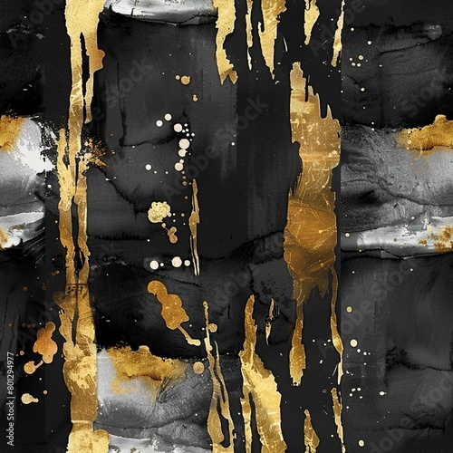 Smudged charcoal and gold leaf, dramatic boho watercolor, seamless pattern, black smears with shimmering gold, modern elegance. Seamless Pattern, Fabric Pattern, Tumbler Wrap, Mug Wrap.