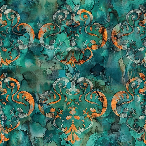 Turquoise patina, ancient boho watercolor, seamless pattern, weathered greens and blues, timeless copper verdigris.Seamless Pattern, Fabric Pattern, Tumbler Wrap, Mug Wrap.