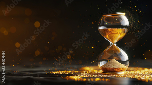 An hourglass with golden sand flowing.