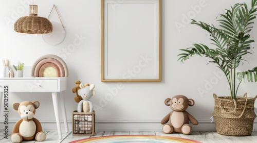 Cozy boy's room interior close-up, featuring a mock-up poster frame, white desk, and animal wicker basket, accented with plush monkey toys and a rainbow ornament, homey decor