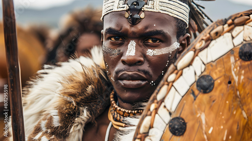 A close-up of a Zulu warrior in traditional attire, armed with a spear and shield. Epic shot.