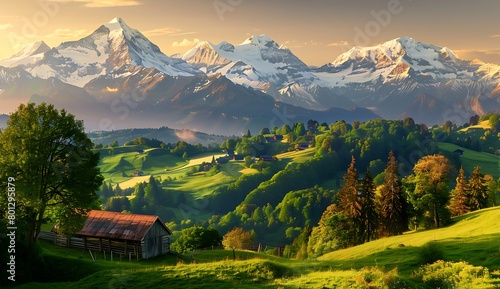 Beautiful panorama of sunrise over the Alps Mountain range with green meadows and wooden houses in nature. A panoramic view of the scenic landscape with beautiful natural scenery.