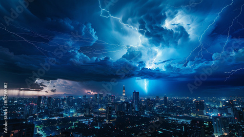 bolts striking from the clouds over an urban landscape at night