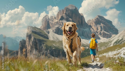 A young boy and his golden retriever run through the Italian Dolomites, surrounded by lush green meadows and towering peaks. The dog is barking with joy as they play in an idyllic landscape