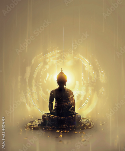 Abstract silhouette paint statue of buddha dark gold tones with glowing halo light radius head on white background.