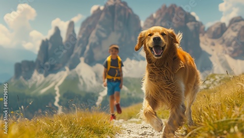 A young boy and his golden retriever run through the Italian Dolomites, surrounded by lush green meadows and towering peaks. The dog is barking with joy as they play in an idyllic landscape