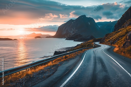A coastal road in Norway, with the sea on one side and cliffs to another, bathed by the golden sunset light