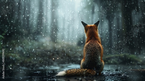 Capture the mystique of a rear view fox in a rainy forest, with striking realism perfect for digital art Contrast the sleek fox against blurred raindrops and a misty background