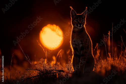 Caracal standing on the grass at sunset