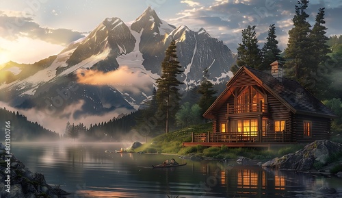 A wooden house in the mountains, surrounded by trees and a misty lake. Warm light shines on it from inside through windows