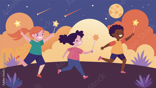 Kids running around with sparklers and glow sticks as the sun begins to set creating a magical atmosphere.. Vector illustration