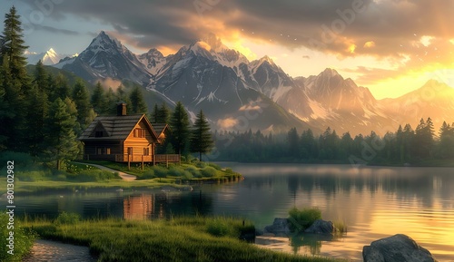  A beautiful cabin by the lake, surrounded by mountains and forests. The sun is setting behind them casting warm hues across the landscape