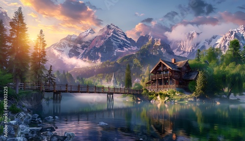  A stunning mountain landscape with snowcapped peaks, lush green forests, and serene lakes reflecting the sky. A cozy cabin nestled among trees stands on one side of lake bridge.