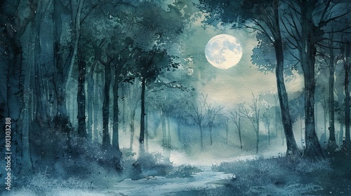 moonlit forest with tall and bare trees under a blue sky