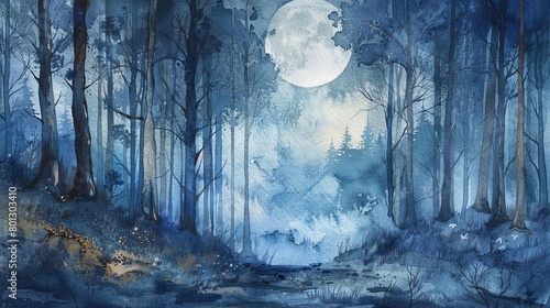 moonlit forest with bare trees and a white tree in the foreground