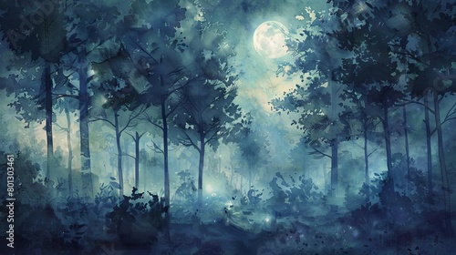 moonlit forest with tall trees and a white tree in the foreground