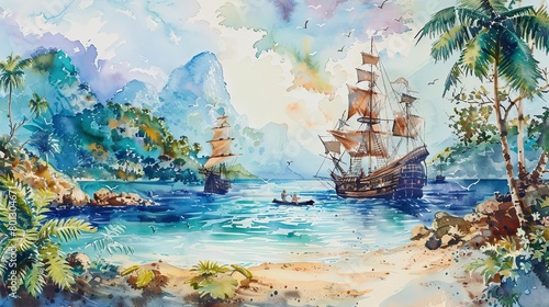 pirate cove with boats and trees, featuring a large brown boat and a small boat on blue water