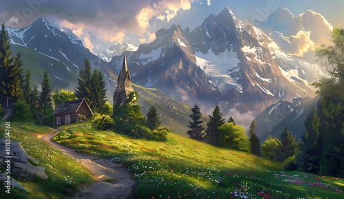 A beautiful landscape painting of the Alps with green meadows, trees and small church in front of towering snowcapped mountains. A winding path leads to an old wooden cottage surrounded by flowers.