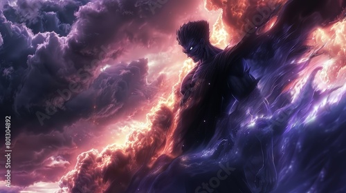 A muscular man with a determined expression on his face stands in the center of a swirling vortex of clouds. The clouds are lit up with a bright light, and the man's body is silhouetted against them.