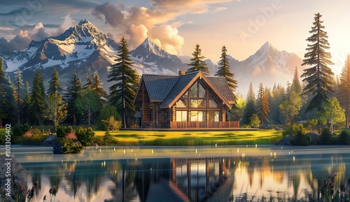 A beautiful cabin in the mountains surrounded by trees and grass near water, a beautiful house with large windows overlooking the lake and snowcapped peaks, sunset light.