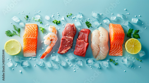 Different types of meat source of protein on a blue background and ice cube