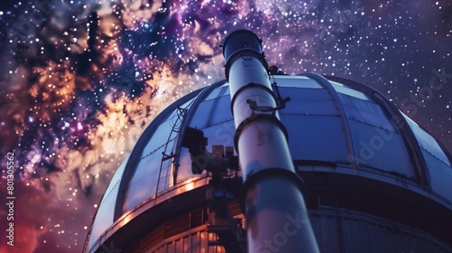 Close-up of a glass dome observatory housing a powerful telescope, with astronomers peering through the eyepiece to observe distant galaxies and celestial phenomena.