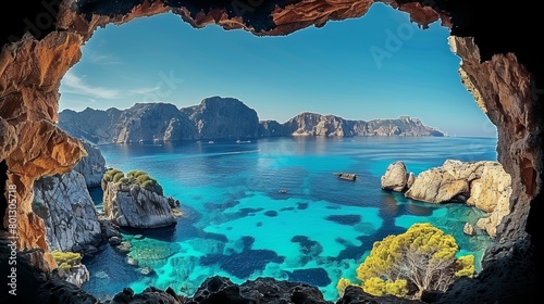 Experience the breathtaking summer landscape of Cape Caccia, viewed through a dramatic cave opening. This image captures serene azure waters and majestic rocky cliffs under a clear blue sky.