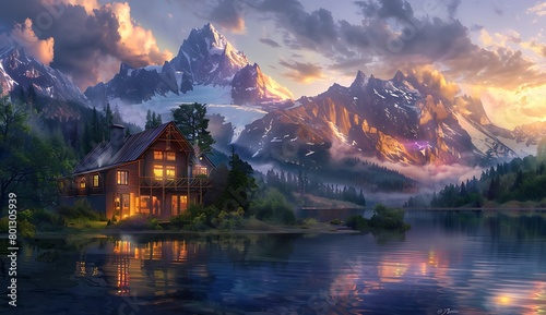  A beautiful house in the mountains with lights on inside, near water and trees. The sky is cloudy at sunset, creating an enchanting atmosphere