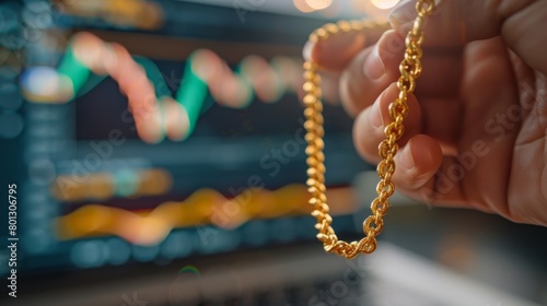 Close-up of a hand holding a gold necklace with a chart showing gold price fluctuations in the background, symbolizing the value of gold as an asset.