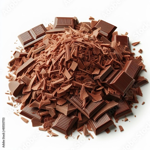 Chopped, milled dark chocolate pile with shavings isolated on white