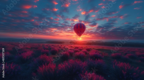 Experience a serene morning as a hot air balloon floats over a vibrant lavender field under a beautifully clouded sky at sunrise.
