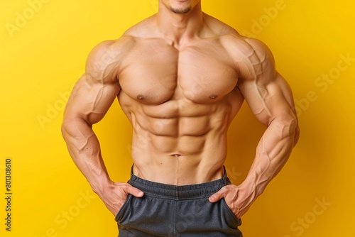 Muscular physique with defined abdominal muscles on soft toned background with space for text