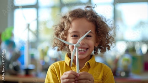Happy smart children looking at camera while holding wind mill model with blurring background. Smiling kid smiling to camera while learning about green energy environmental power. ESG concept. AIG42.