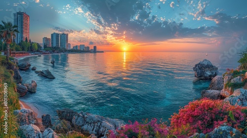 Capture the spectacular sunrise illuminating Durres port city, featuring vibrant coastal flowers, reflective sea waters, and towering skyscrapers in a tranquil morning light.
