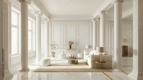 A classic interior of a luxurious white empty room. Decorated with doric columns, white marble floors and pillars.