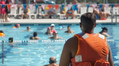 A lifeguard watching over swimmers at a busy public pool