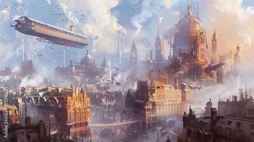 steampunk cityscape featuring a white building and a large building, with a flying airplane in the