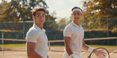 Two ethnic tennis players holding ball to play court game. Team of smiling ethnic athletes on back. Sport club fitness challenge to play competitive sports doubles