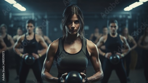 A young Caucasian woman doing kettlebell squats in a gym with others. Focused exercise class participants lifting heavy weights to increase muscle and endurance.