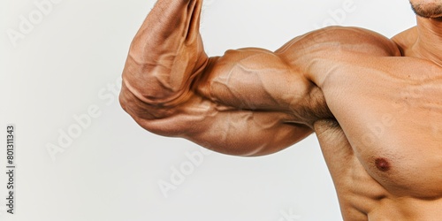 A fit mixed-race man flexes his biceps to show off his gym-built muscles. An attractive bodybuilder with toned arms. Athlete celebrating physical growth and strength