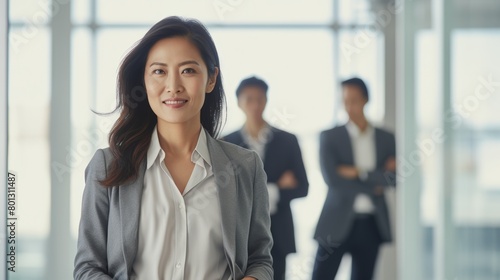 Portrait of a confident young Asian entrepreneur with spectacles and crossed arms at an office with colleagues. Determined leader and entrepreneur willing to succeed in her venture with team